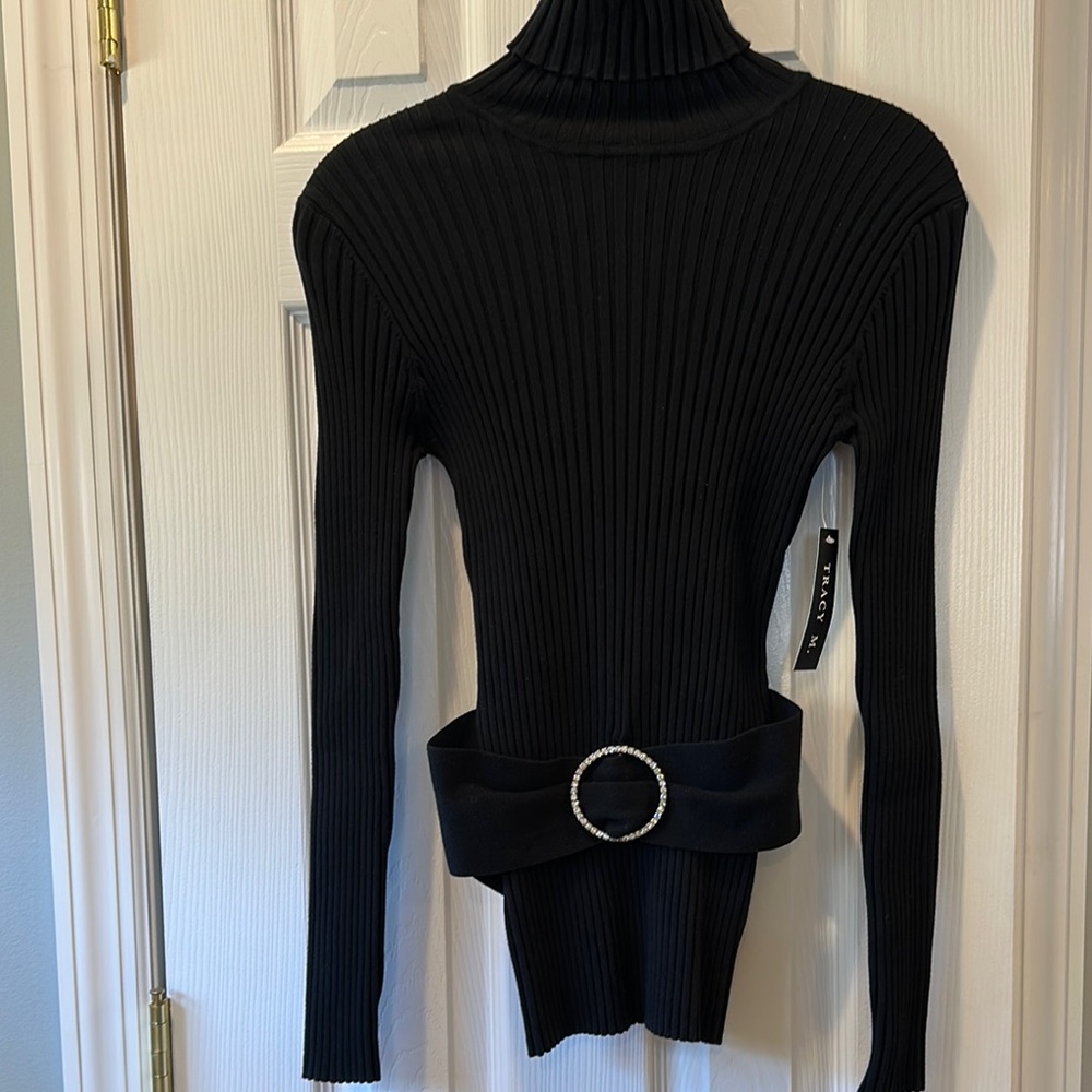Black Ribbed Turtleneck Sweater with Belt